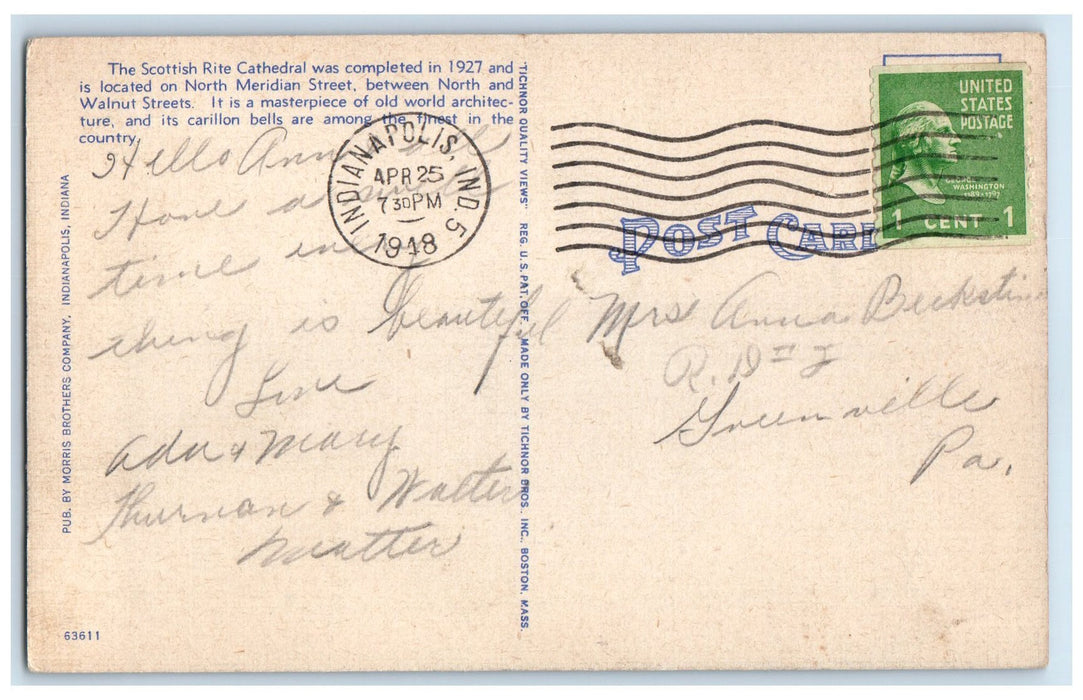 1948 Scottish Rite Cathedral Tower At Night Indianapolis Indiana IN Postcard