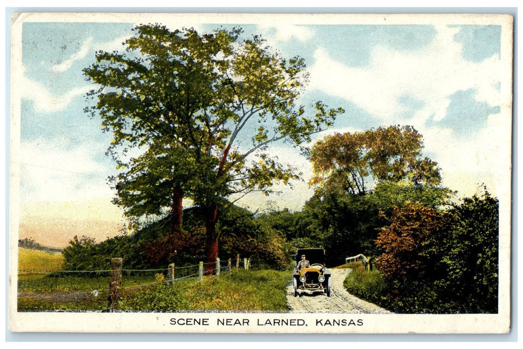 1917 Scene Classic Car Dirty Road Wire Fence Grove Larned Kansas KS Postcard
