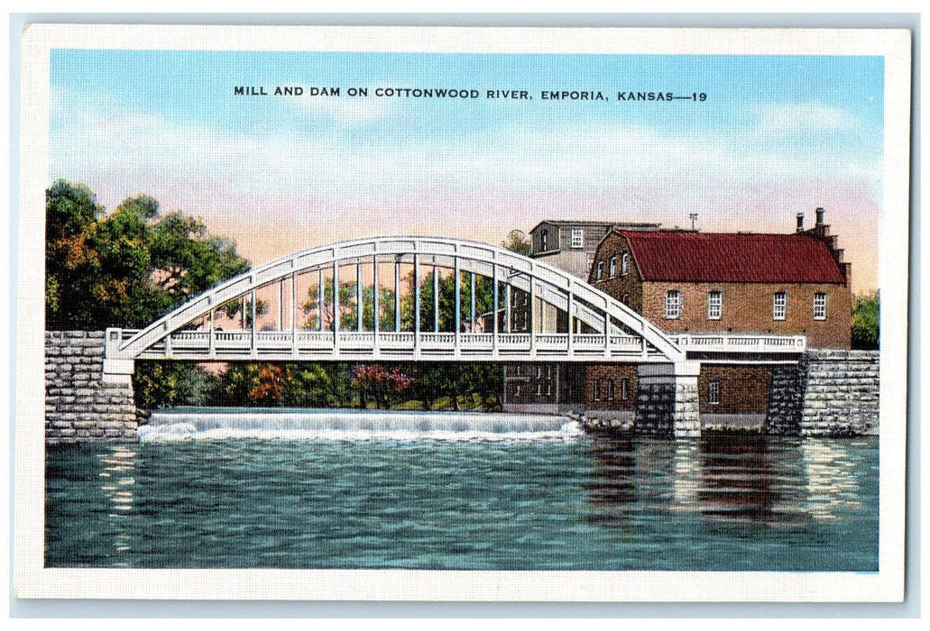 c1940's Mill & Dam On Cottonwood River Rustic Bridge Emporia Kansas KS Postcard