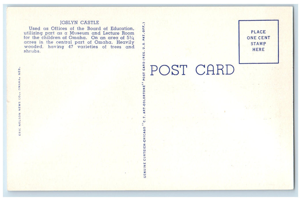 c1940's Joslyn Castle Offices Of The School Board Omaha NE Unposted Postcard