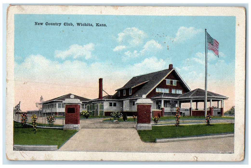 c1920's New County Club Building Entrance US Flag Witchita Kansas KS Postcard