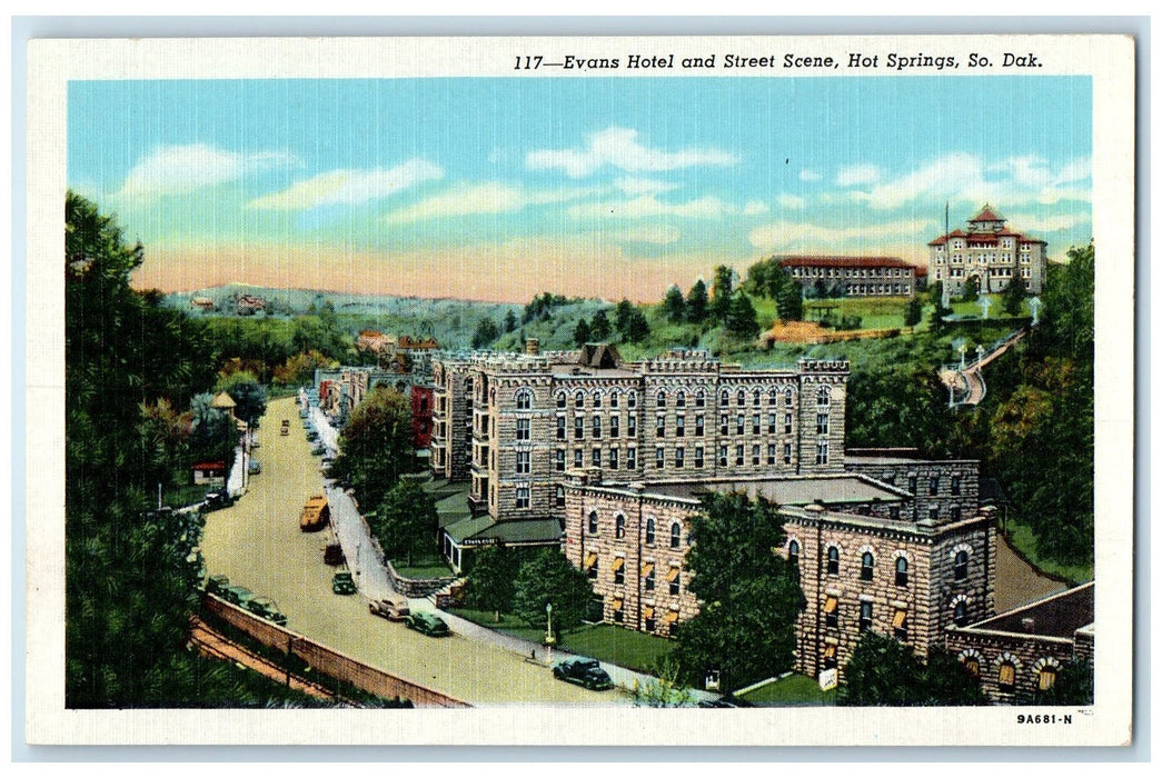 c1940's Evans Hotel And Street Scene Hot Springs South Dakota SD Cars Postcard