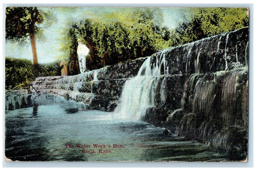 1910 The Water Work's Dam Water Falls Man Standing View Paola Kansas KS Postcard