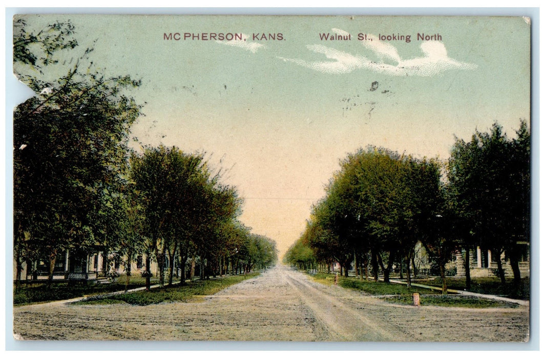 c1910's Walnut Street Looking North Dirt Road Trees McPherson Kansas KS Postcard
