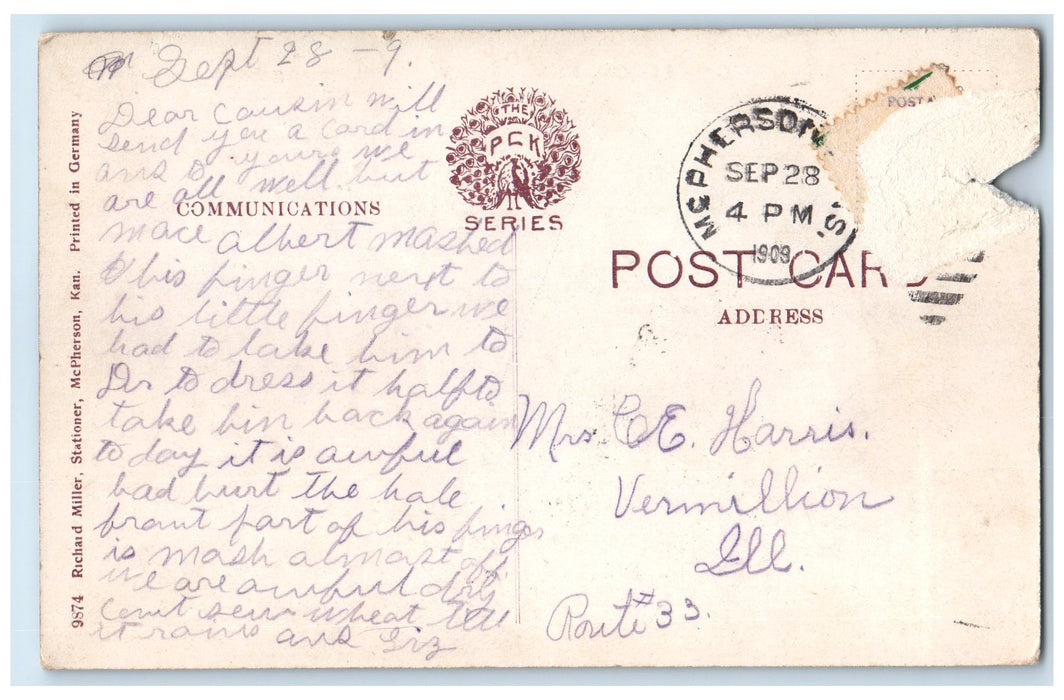 c1910's Walnut Street Looking North Dirt Road Trees McPherson Kansas KS Postcard