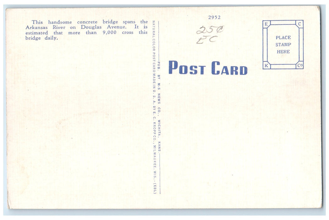 c1940's Douglas Avenue Bridge Lake River Wichita Kansas KS Unposted Postcard