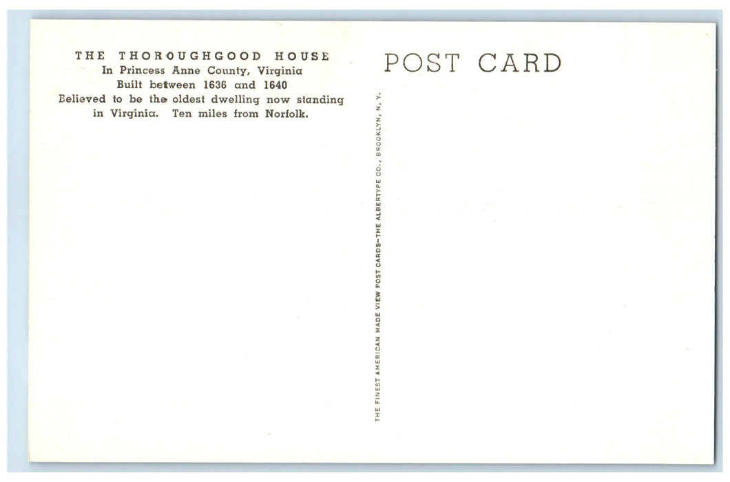 c1940's The Thoroughgood House Princess Anne County Virginia VA Tree Postcard