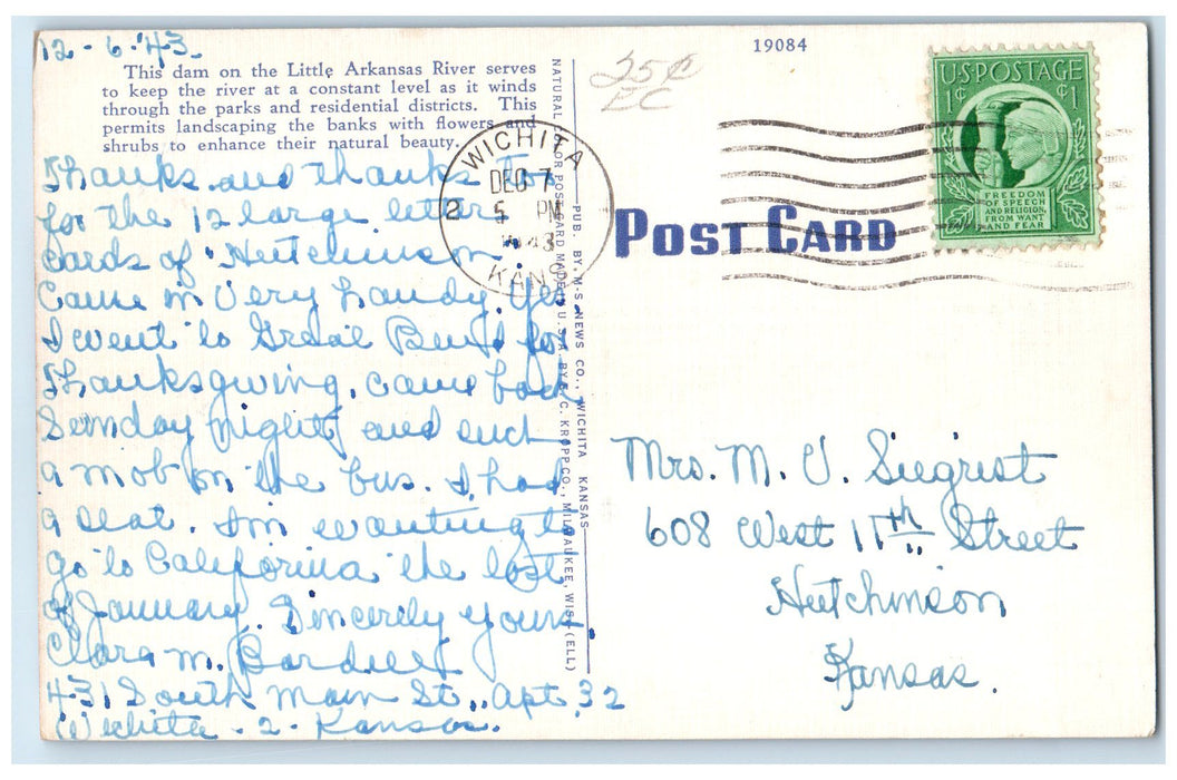 1943 Little River Dam Water Falls Bridge Tree Wichita Kansas KS Posted Postcard