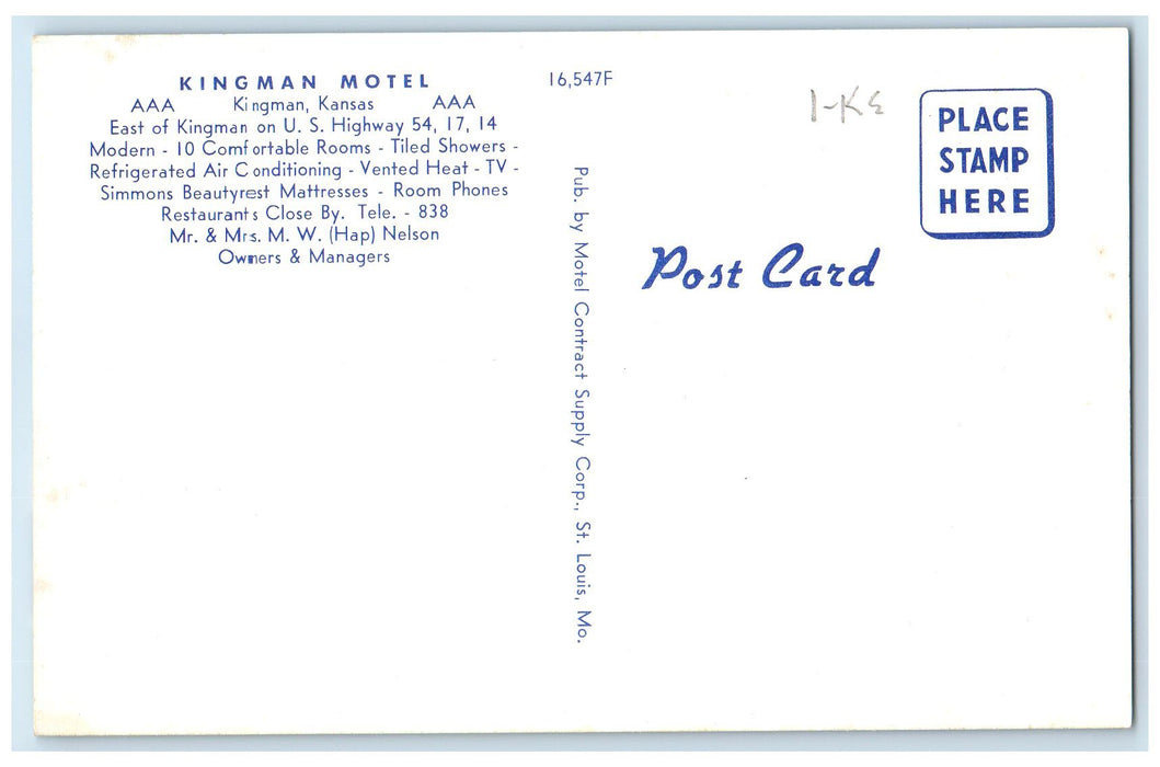 c1950 Kingman Motel On US Highway Cottages Restaurant Kingman Kansas KS Postcard