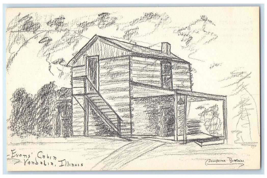 c1940s Evans Cabin Exterior Sketch Scene Vandalia Illinois IL Unposted Postcard