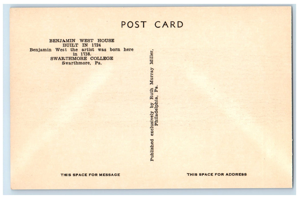 c1940's Benjamin West House Swarthmore College Swarthmore PA Unposted Postcard