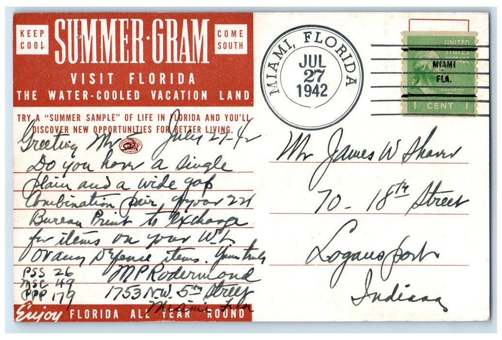 1942 Summer Gram Water-Cooled Vacation Land Miami Florida FL Posted Postcard