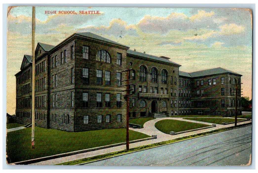 1911 High School Seattle Exterior Roadside Seattle Washington WA Posted Postcard