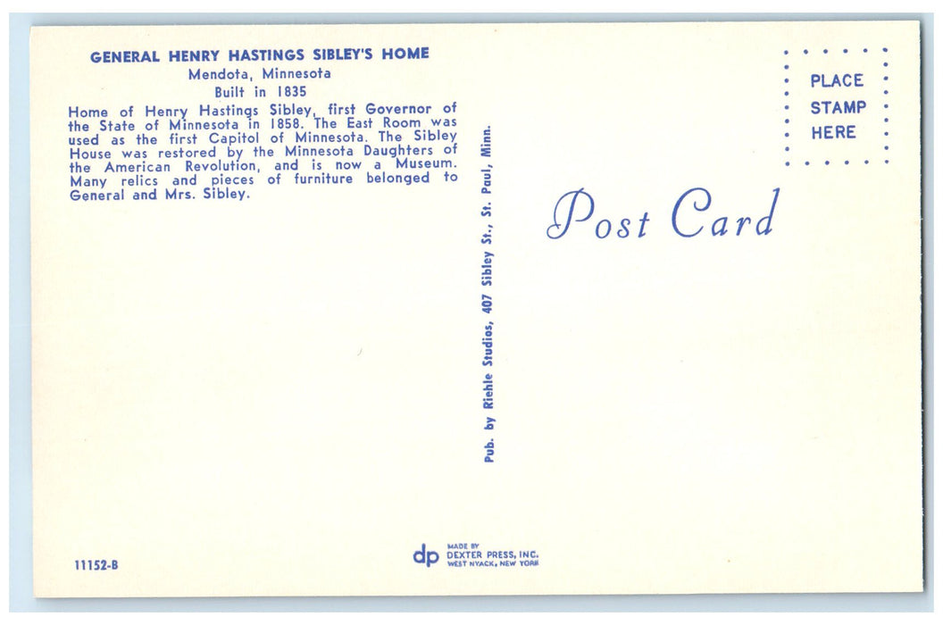 c1950's General Henry Hastings Sibley's Home View Mendota Minnesota MN Postcard