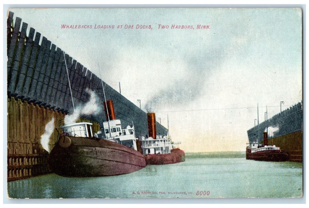 c1920's Whalebacks Loading Ore Docks Two Harbors Minnesota MN Unposted Postcard