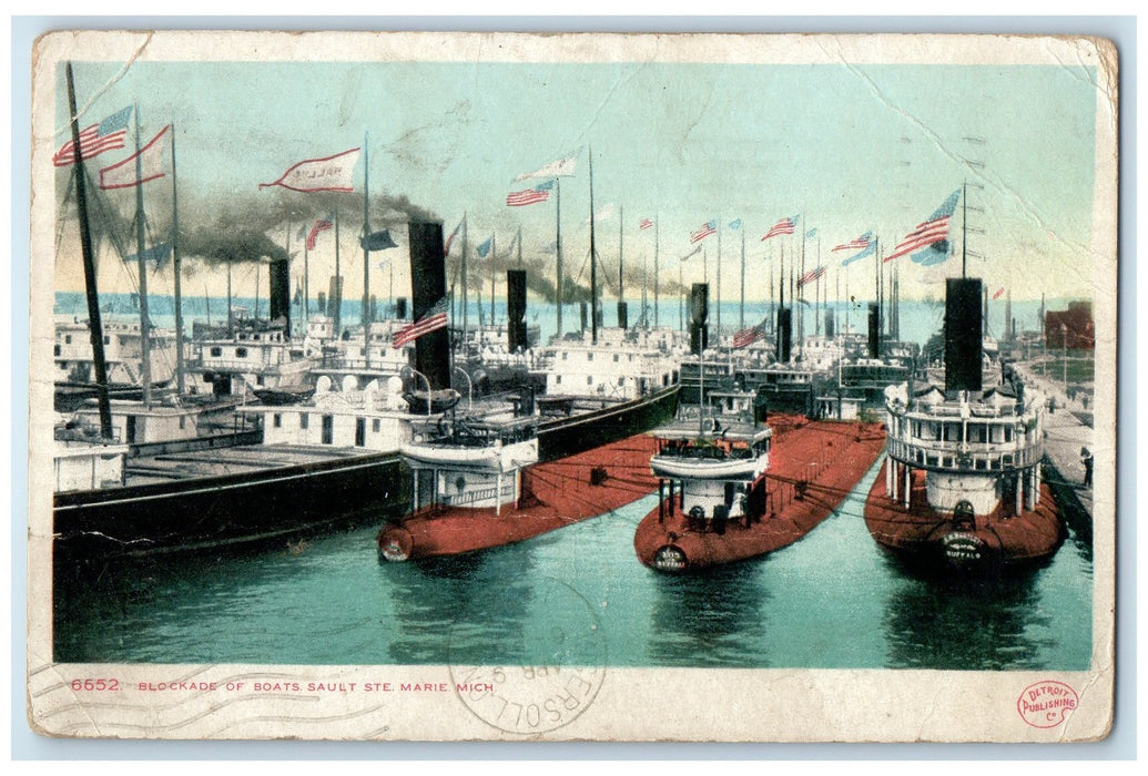 1908 Blockade Of Boats Scene Sault Ste. Marie Michigan MI Posted Flags Postcard