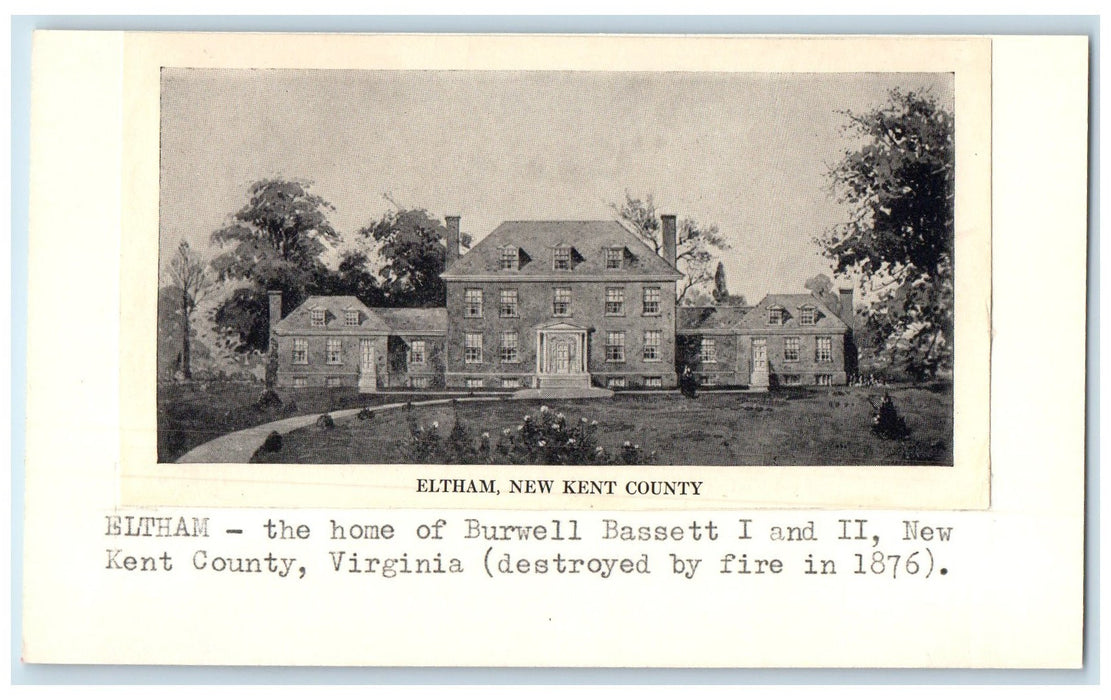 c1920 Eltham Home Of Burwell Bassett I & II New Kent County Virginia VA Postcard