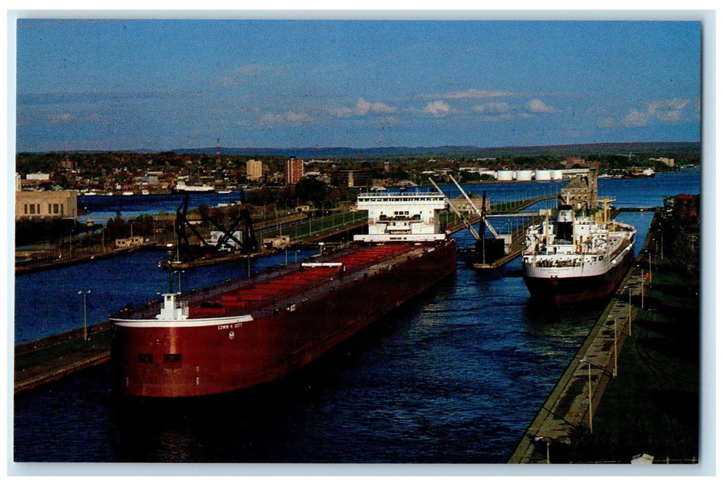 c1960s The Edwin H. Gott And Soo Locks Sault Ste. Marie MI Posted Ships Postcard