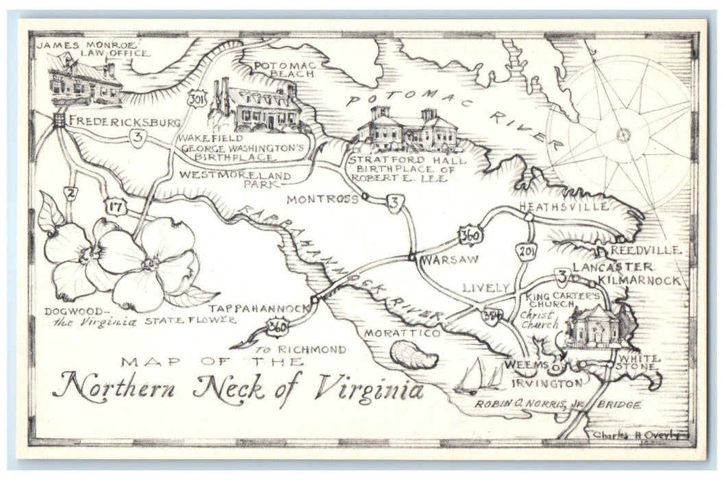 c1920 Map Of The Northern Neck Of Virginia Lying Two Great Tidal Rivers Postcard