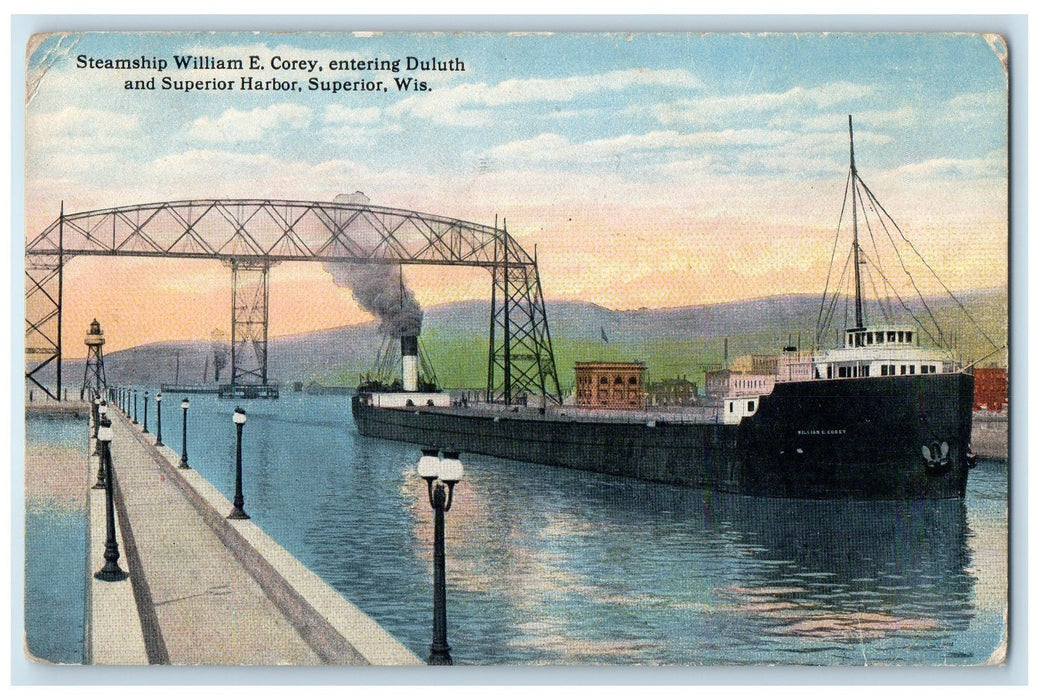 c1910s Steamship William E. Cory Entering Duluth And Superior Harbor WI Postcard