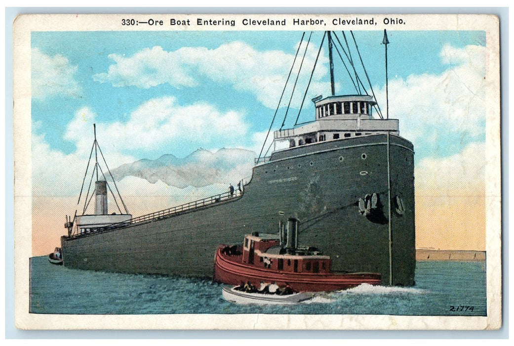 1931 Ore Boat Entering Cleveland Harbor Cleveland Ohio OH Posted Boats Postcard