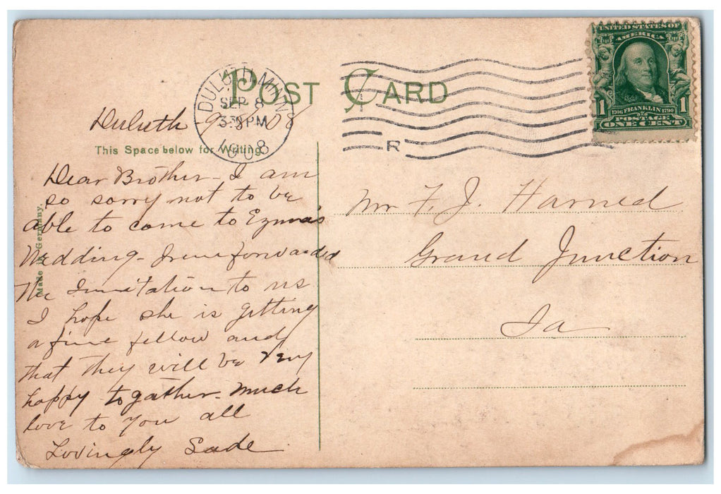 1908 Steamer E. J. Earling Leaving Harbor Duluth Minnesota MN Posted Postcard