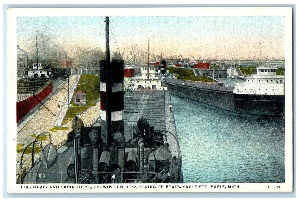 c1940s Poe Davis Sabin Locks Endless String Of Boat Sault Ste. Marie MI Postcard