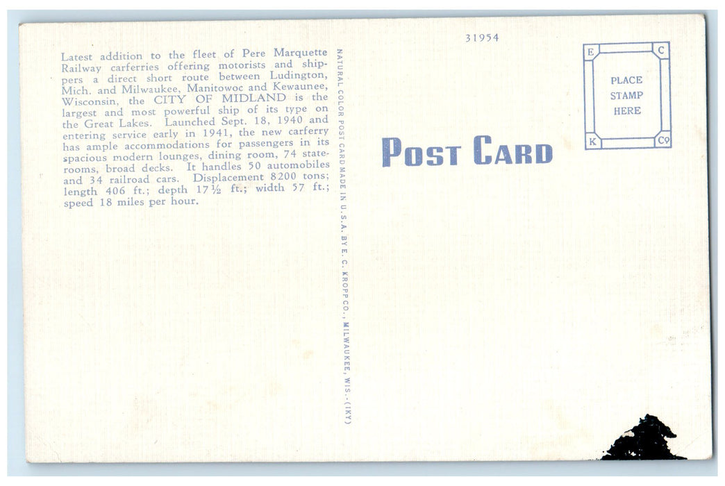c1940's Pere Marquette Railway Carferry City Of Midland Crosses Lake MI Postcard
