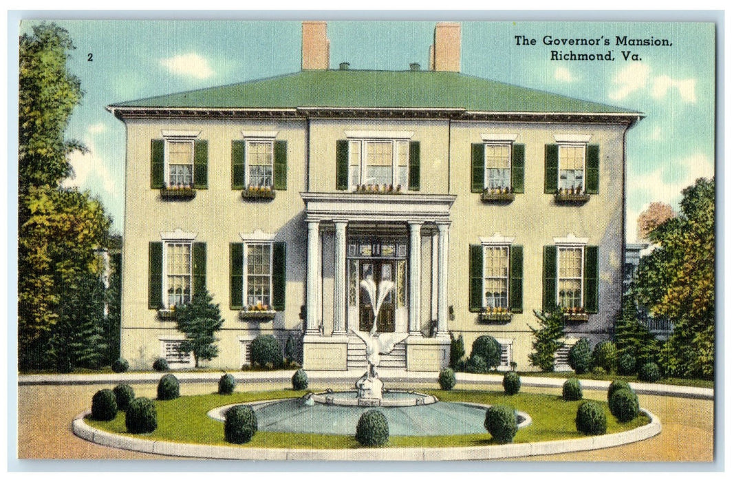 c1940's The Governor's Mansion Building Fountain Richmond Virginia VA Postcard