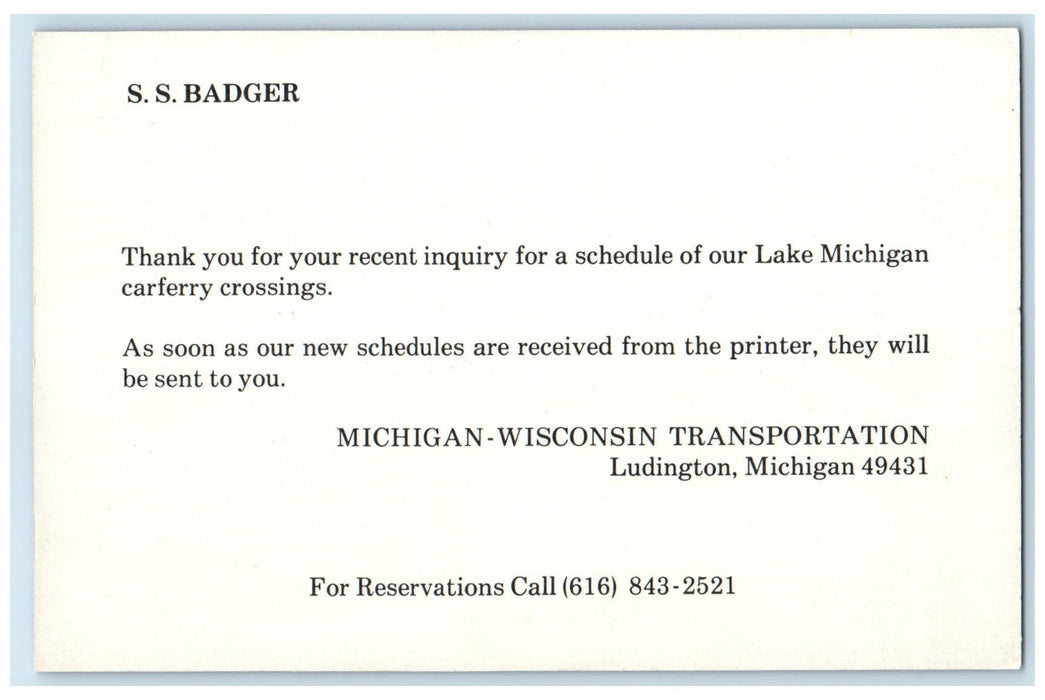 c1960's Steamship Badger Lake Michigan Michigan MI Unposted Reservation Postcard