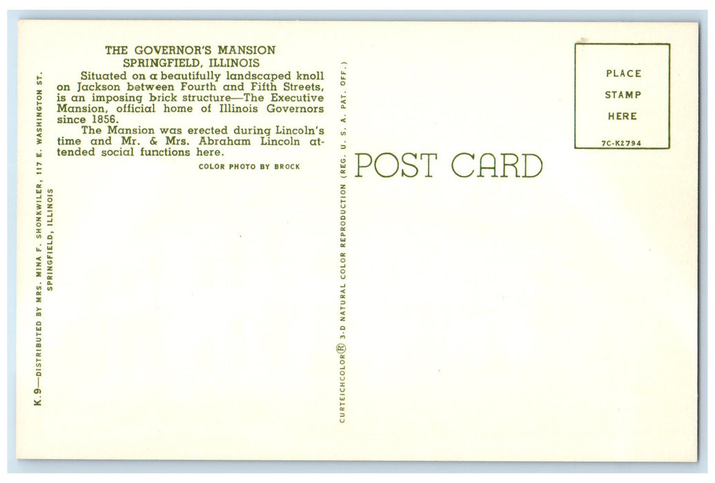 c1950's The Governor's Mansion Building US Flag Springfield Illinois IL Postcard