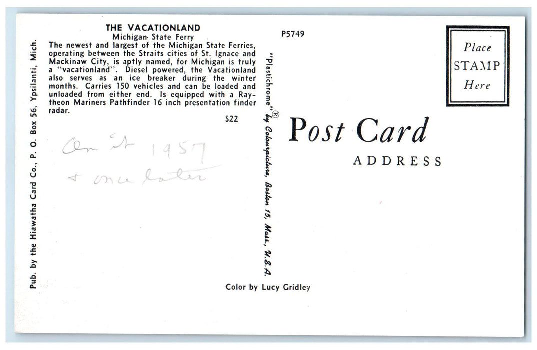 c1960's The Vacationland Michigan State Ferry Newest And Largest MI Postcard