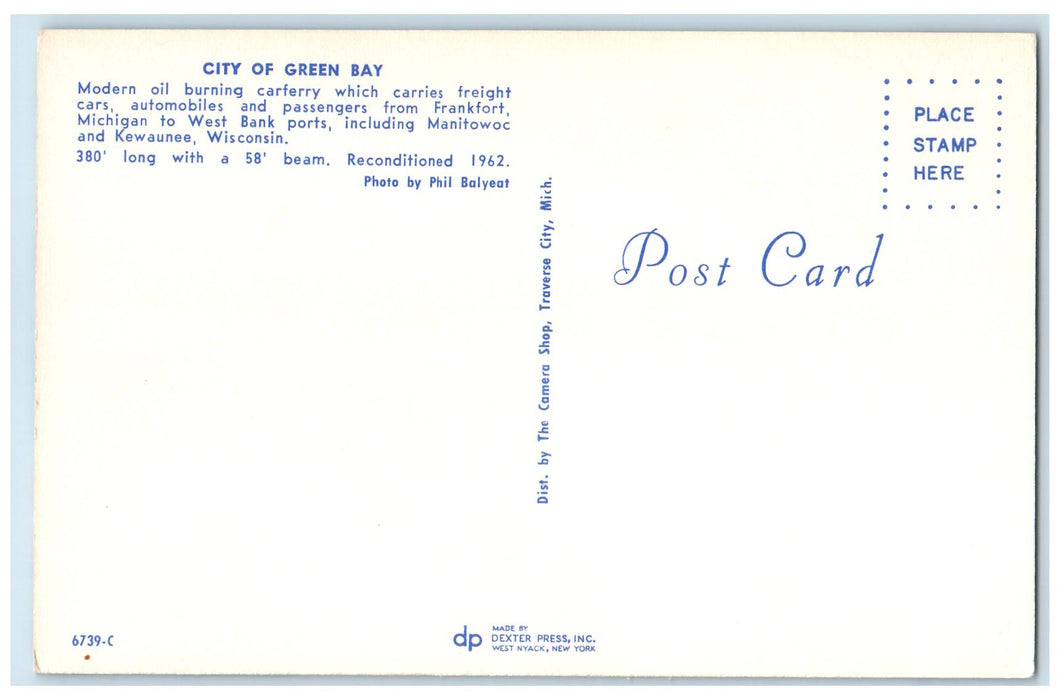 c1960s City Of Green Bay Modern Oil Burning Carferry Carries Passengers Postcard