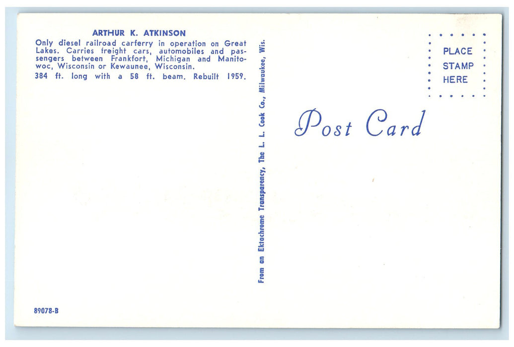 c1960s Arthur K. Atkinson Diesel Railroad Carferry Scene Great Lakes MI Postcard