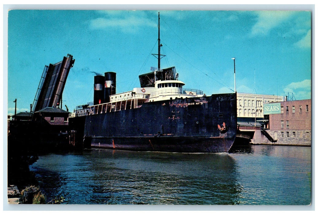 c1960's Carferry Passing Through South 8th Street Bridge Manitowoc WI Postcard