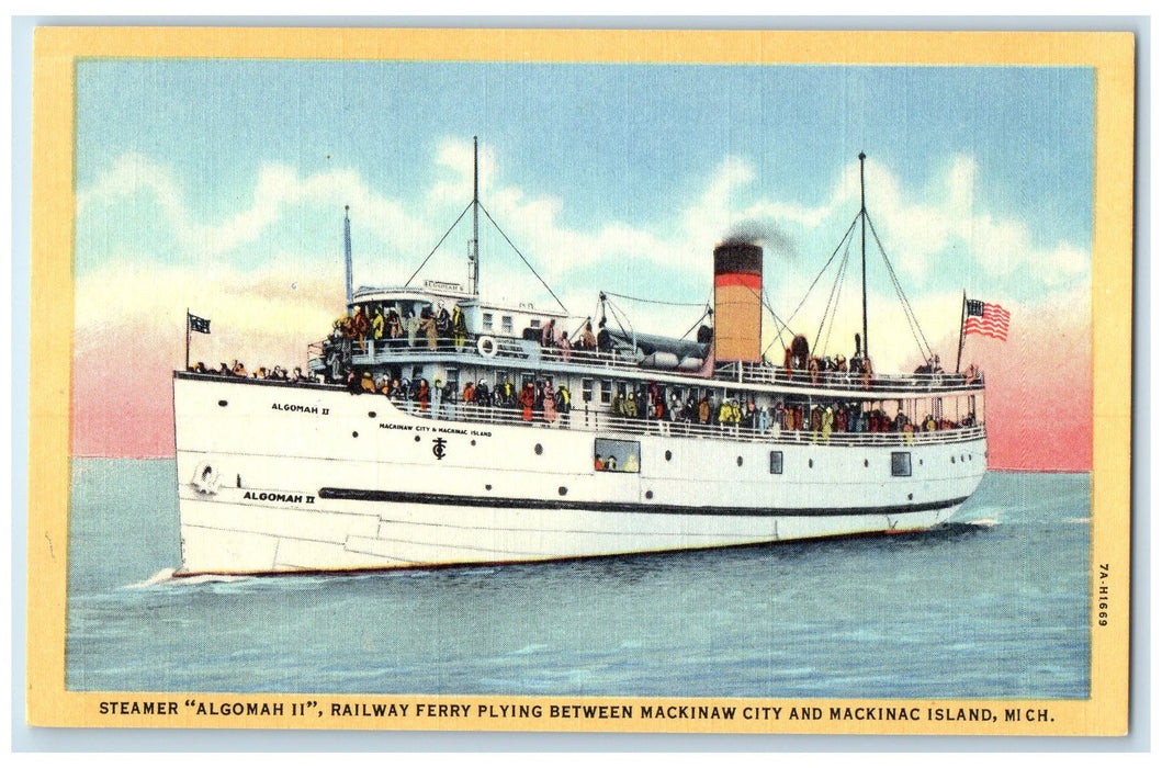 c1940s Str. Algomah II Railway Ferry Plying Mackinaw City And Island MI Postcard