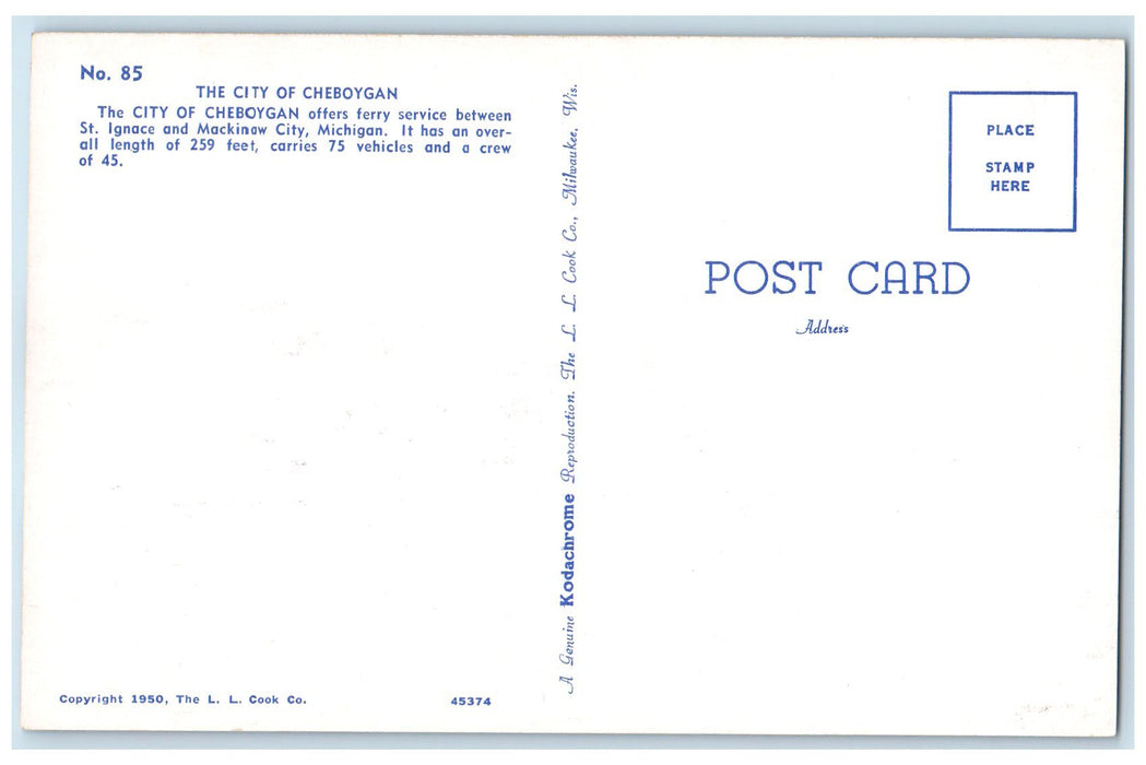 c1940s The City Of Cheboygan Ferry Service St. Ignace And Mackinaw MI Postcard