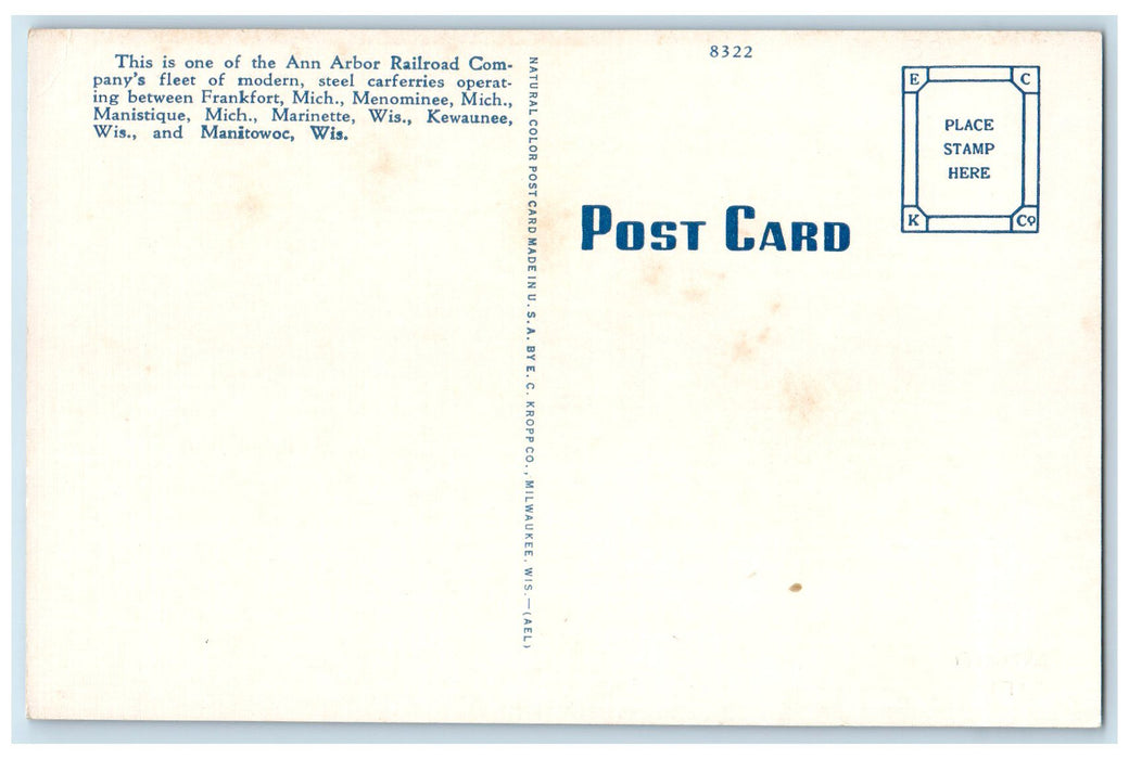c1940's Ann Arbor Railroad Company's Fleet Carferry Wabash Unposted Postcard