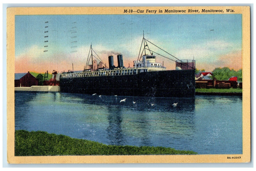 1947 Car Ferry In Manitowoc River Manitowoc Wisconsin WI Posted Vintage Postcard