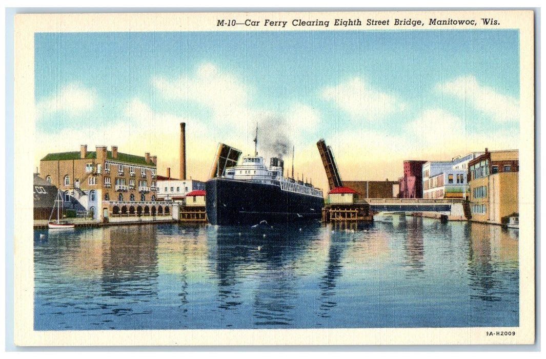 c1940's Car Ferry Clearing Eight Street Bridge Manitowoc WI Unposted Postcard