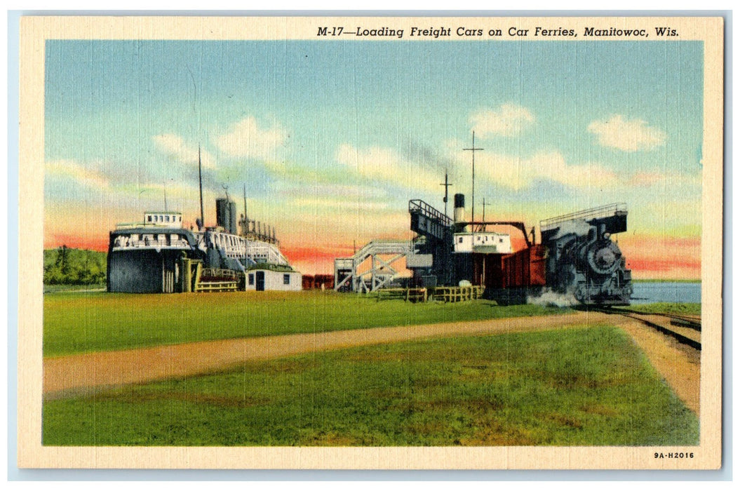 c1940's Loading Freight Cars On Car Ferries Scene Manitowoc WI Unposted Postcard