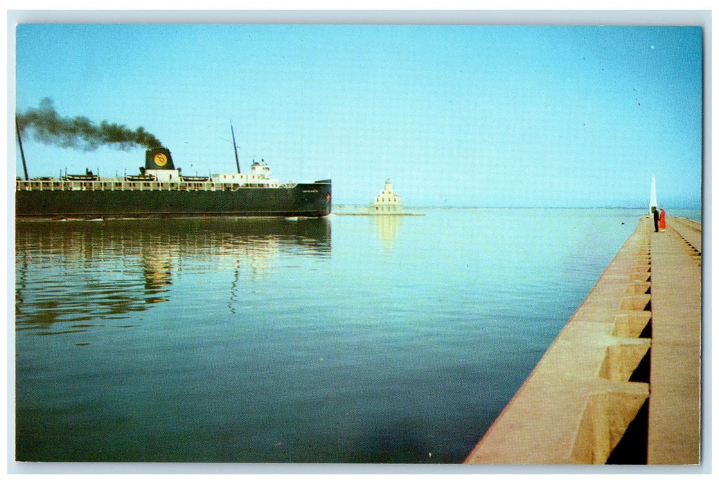 c1960s Lake Michigan Carferry Leaving The Harbor Manitowoc Wisconsin WI Postcard