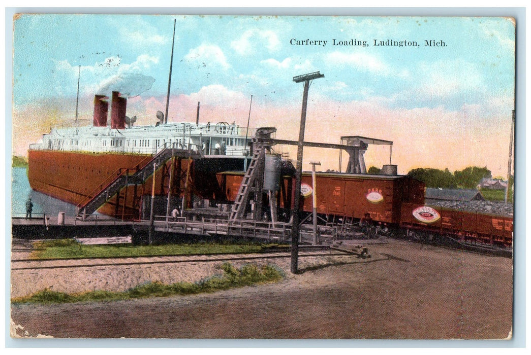 1922 Steamer Carferry Loading At Dock View Ludington Michigan MI Posted Postcard