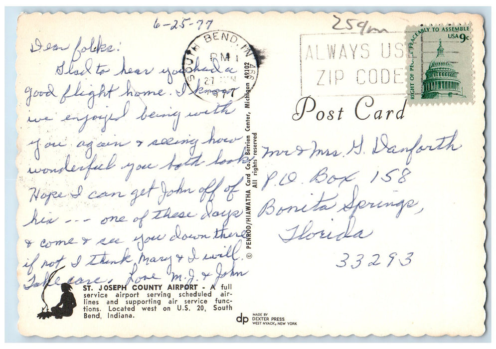 1977 St. Joseph County Airport Classic Cars Tower South Bend Indiana IN Postcard