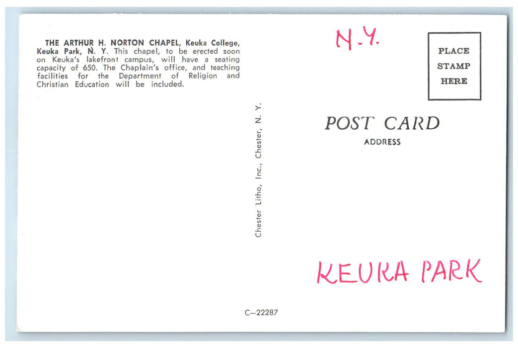 c1950's The Arthur H. Norton Chapel Keuka College Keuka New York NY Postcard