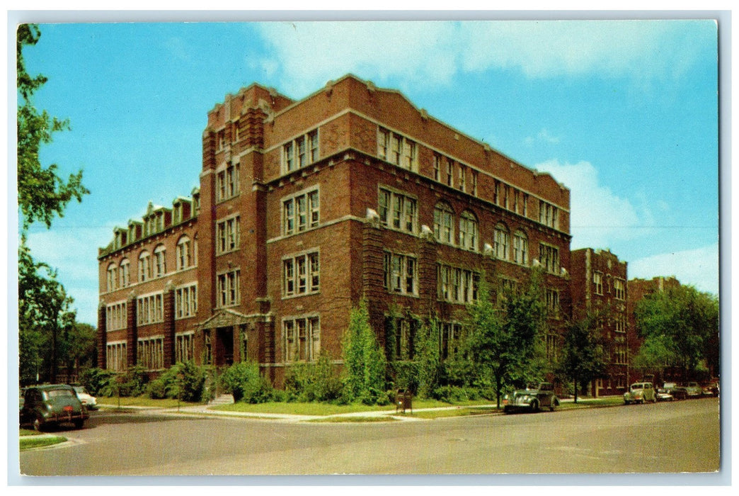 c1950 American School Campus Classic Cars Building Chicago Illinois IL Postcard