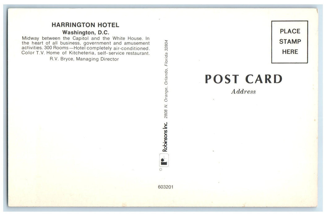 c1950's Harrington Hotel Between Capitol & White House Washington DC Postcard