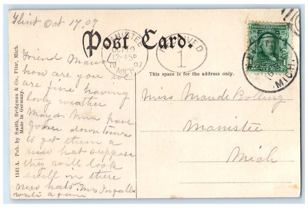1907 Michigan School For The Deaf Exterior Flint Michigan MI Posted Postcard