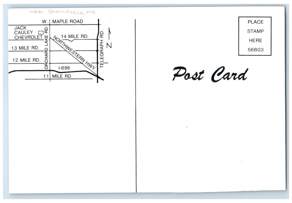 c1950's Jack Cauley Chevrolet West Bloomfield Michigan MI Advertising Postcard