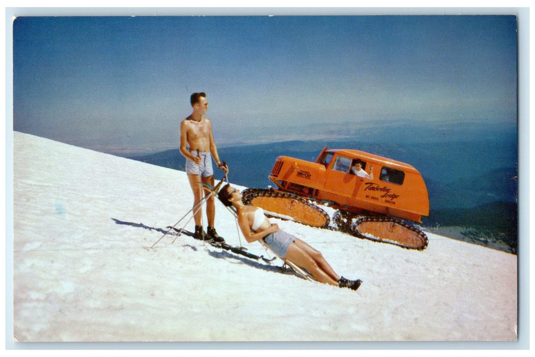 c1950's Snow Cat Skiers Ride Group Of Skiing View At Mt. Hood Oregon OR Postcard